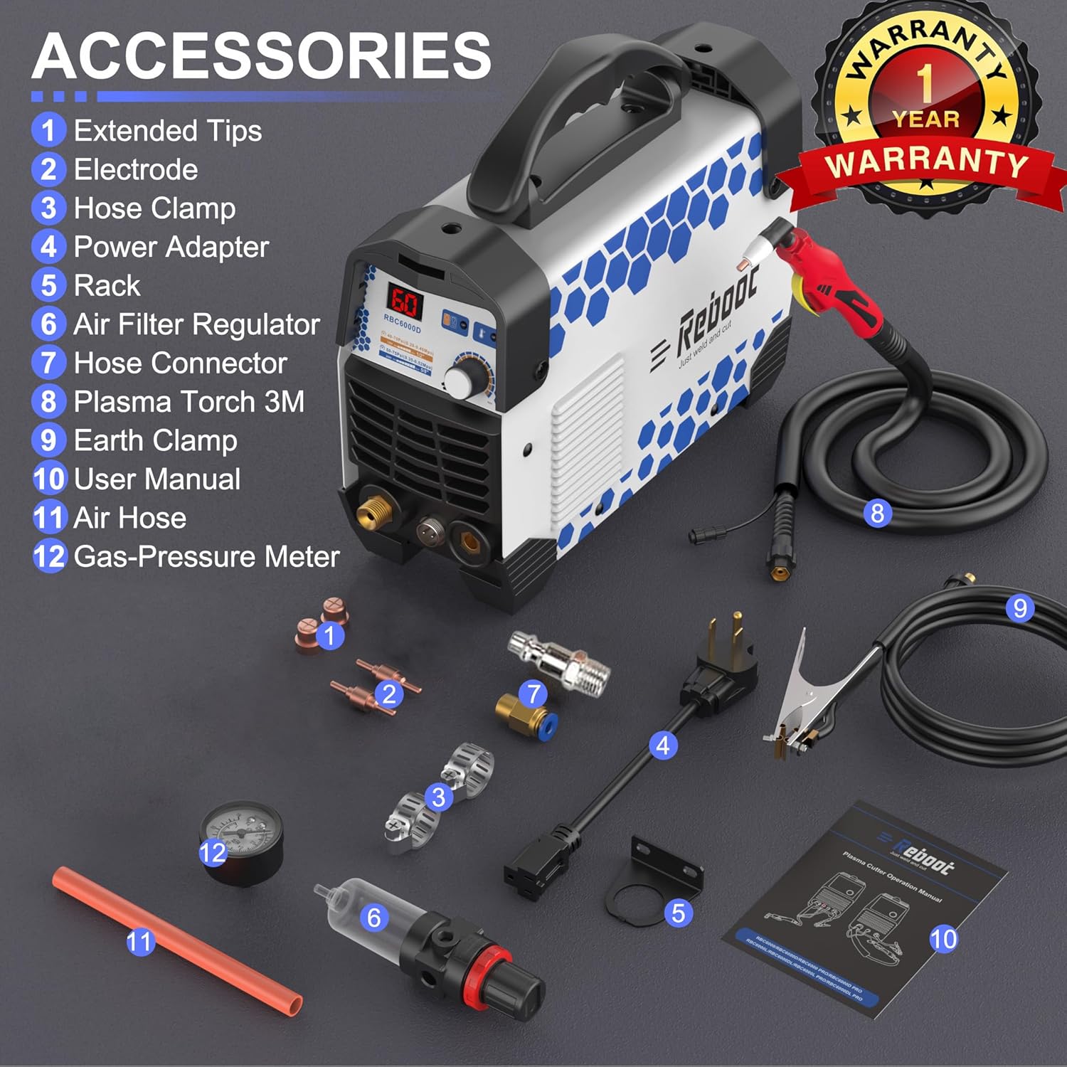 60A Plasma Cutter, Dual Voltage 120v/240v with Torch and Tips