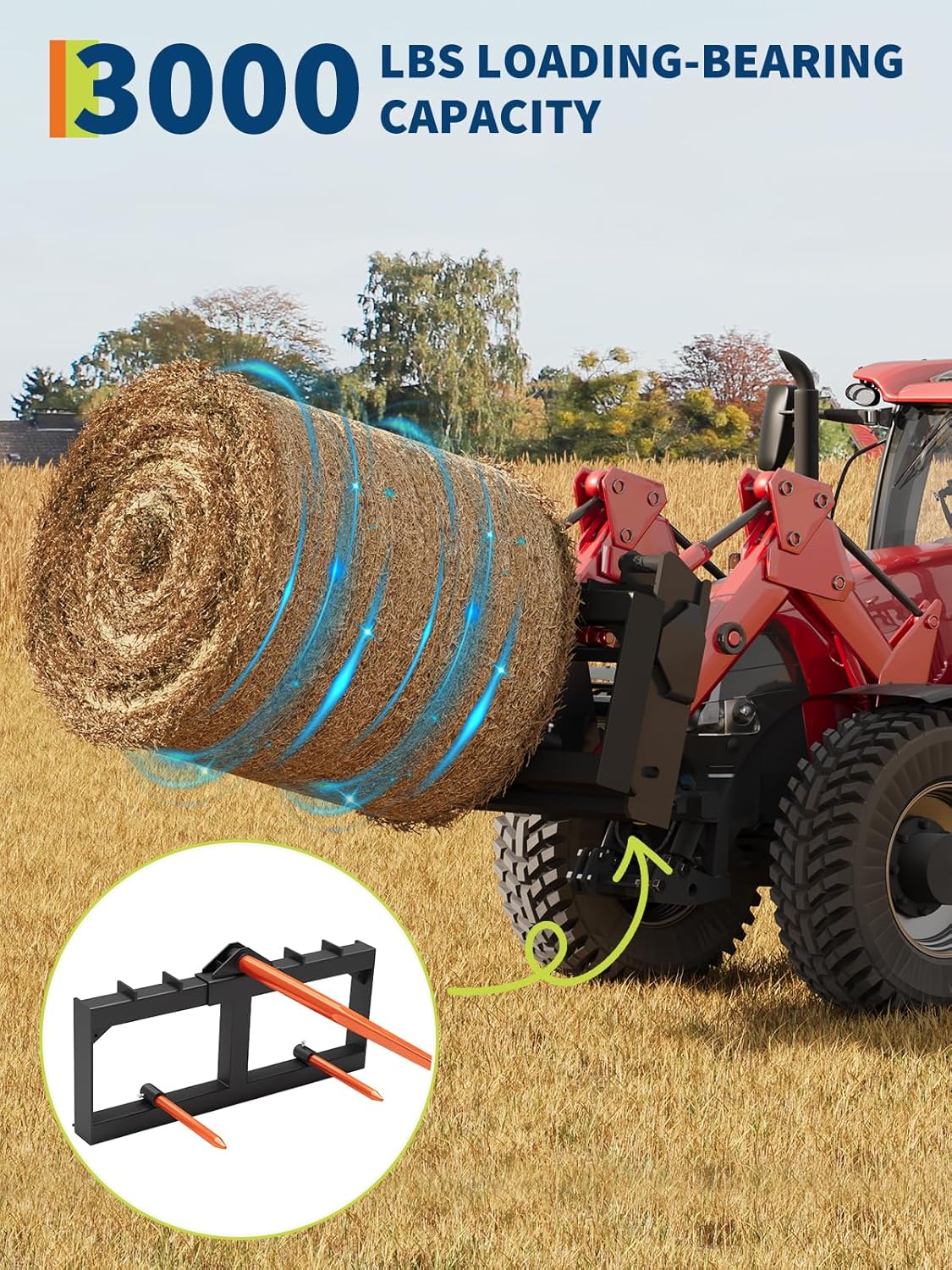 Round Bale Spear, 3000lb capacity