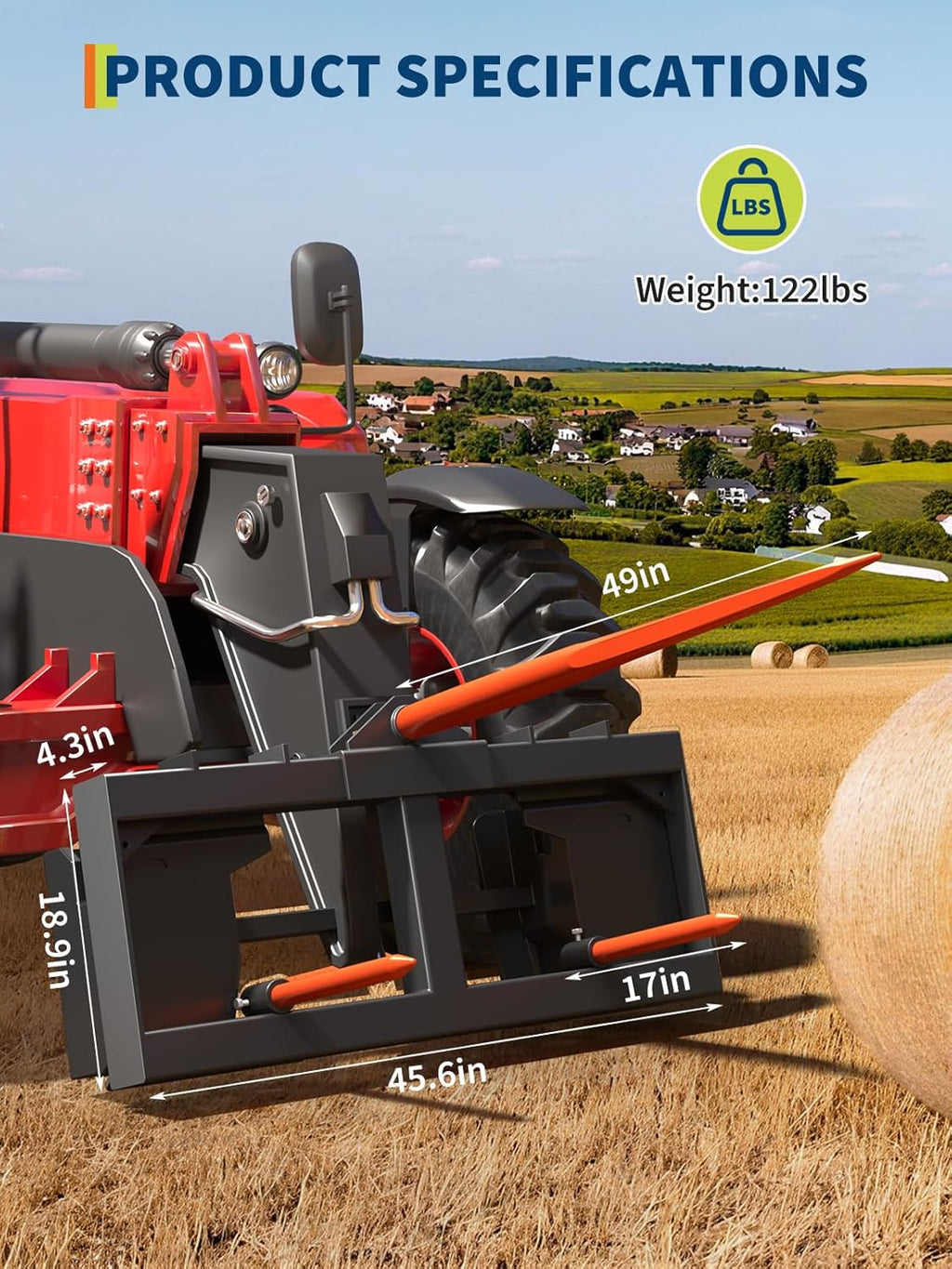 Round Bale Spear, 3000lb capacity